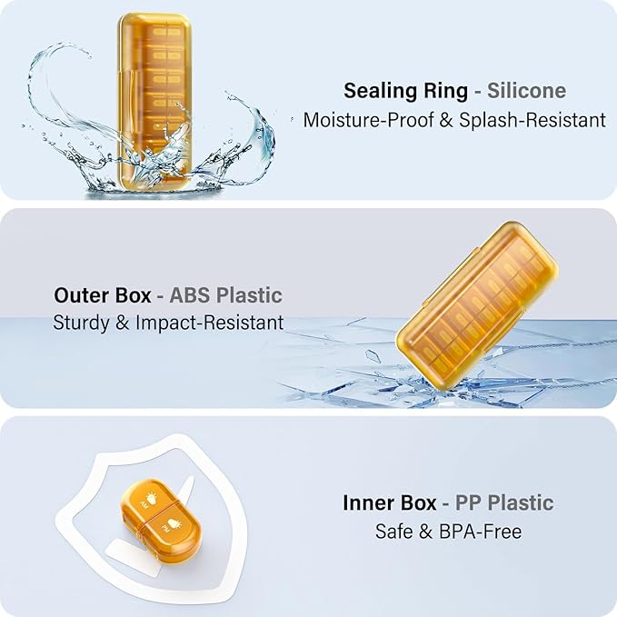 Weekly Pill Organizer 2 Times a Day, Moisture-Proof, Detachable Compartments, AM PM Pill Box 2X 7 Day, Travel Pill Organizer for Pills/Fish Oil/Medication/Vitamin/Supplements (Amber)