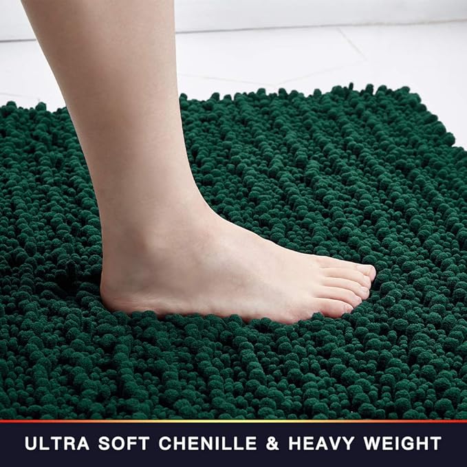 Walensee Bathroom Rug 2 Pieces Set Non Slip Bath Mat (20"x32" Plus 20"x32" Hunter Green) Water Absorbent Super Soft Shaggy Chenille Machine Washable Dry Extra Thick Perfect Carpet for Shower Floor