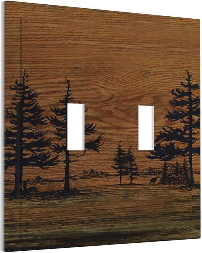 Decorative Light Switch Cover Plate Rustic Farmhouse Brown Board Pine Tree Wood Grain 2 Gang Switch Plate Covers Double Toggle Wall Plate Dual Device Faceplate for Bathroom Decor