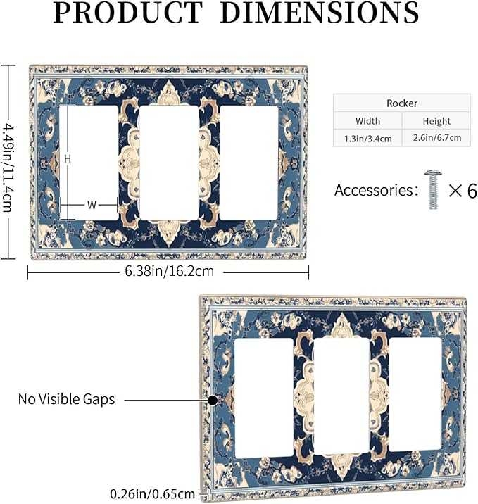 Decorative Outlet Covers Boho Beige Navy Blue Medallion 3 Gang Gfci Wall Plate Triple Rocker Light Switch Cover Plate Switch Plate Covers for Country Bathroom Bedroom Decor