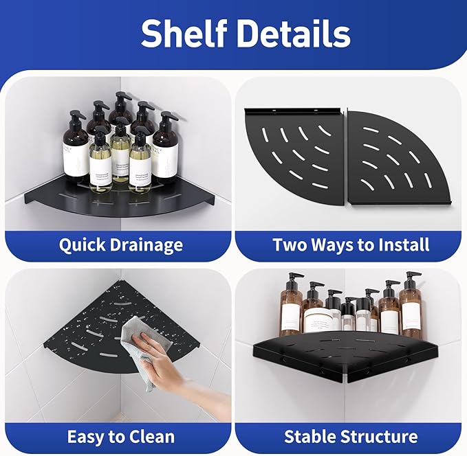 Corner Shower Shelves Load Capacity 40 Lbs 304 Stainless Steel Shelf for Shower Will Not Rust 8in Shower Corner Shelf Matte Black Drilling Installation