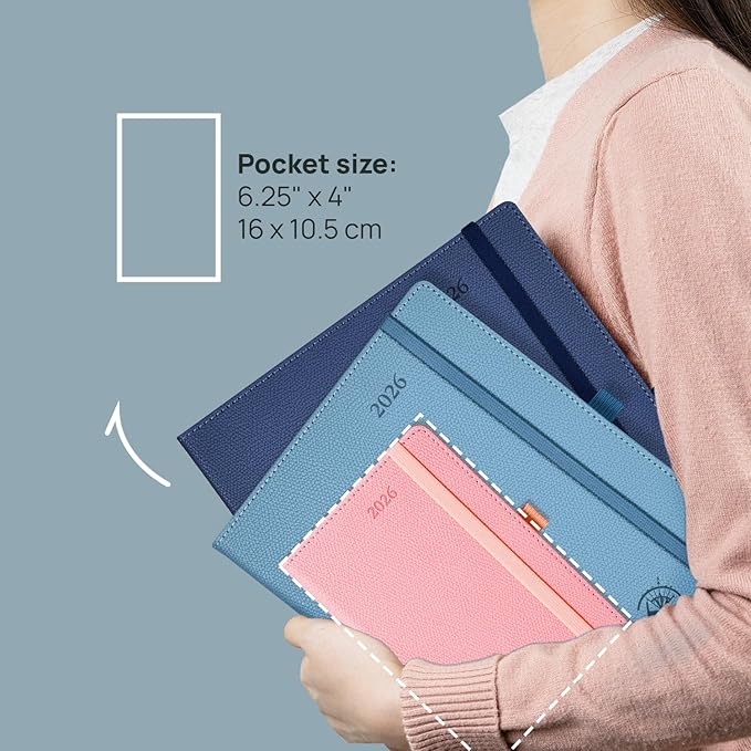 POPRUN 2026 Weekly & Monthly Planner Calendar,Pocket 4'' x 6.25'', Horizontal Layout with Lined Sections, Jan. 2026 - Dec. 2026, Leather Hardcover, 100GSM Paper, Inner Pocket - Lavender