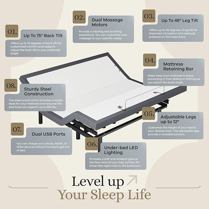 Sven & Son Classic Adjustable Bed Base, Head and Foot Lift, Massage, Under-Bed Lights, USB, Gel Memory, Zero Gravity Smart Frame - King