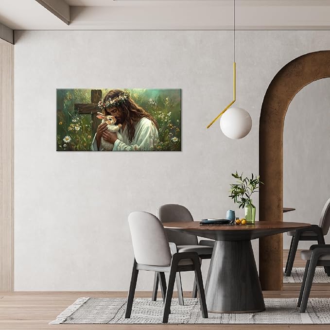 Green Jesus Love Wall Art for Bedroom Canvas Painting Prints GOD Embrace Rabbit Bunny Spiritual Faith Crucifix Cross Vintage Art Deco Spring Artwork Office Farmhouse Decor