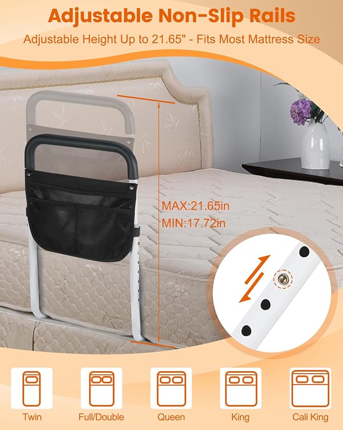 Bed Rails for Elderly Adults Safety - Adjustable Bed Assist Rail for Seniors - Stable Beds Side Rails with Storage Bag & Fixing Strap, Fit King Queen Full Twin