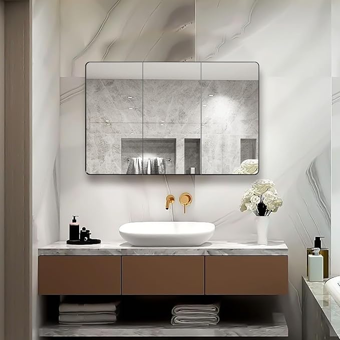 Black Bathroom Medicine Cabinet with Round Corner Framed Door, 40 x 25.5 inch, Recessed or Surface Mount, with Adjustable Glass Shelves