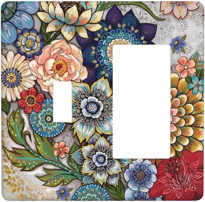 Boho Floral Colorful Floral Multi Color Flower Outlet Covers 1 Toggle 1 Rocker Combination Decorative Wall Plate Electrical Switch Plates Light Switch Cover Plate for Bedroom Living Room Home Decor
