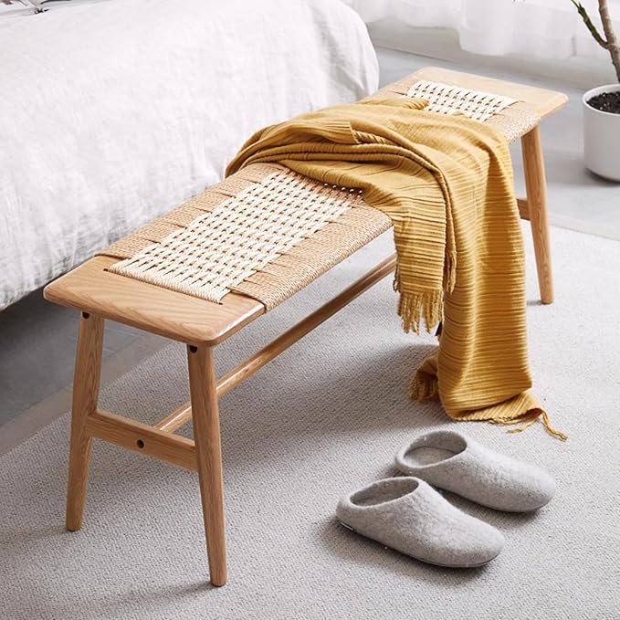 Wood Bench,100% Solid Oak Dining Bench with Woven Design, Sturdy Mortise Bench for Bench,Entryway,Dining,White/Beige Color, 43.31 x 11.81 x 15.98 inch