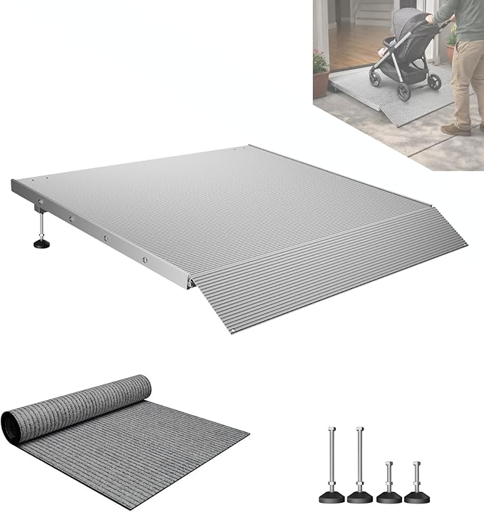 Aluminum Adjustable Threshold Ramp for Wheelchairs, 36" x 36" Doorway Ramp with 3.4"–7.2" Rise, Self-Supporting Entry Ramp for Uneven Surfaces, 880 lb Capacity with Non-Slip Mat