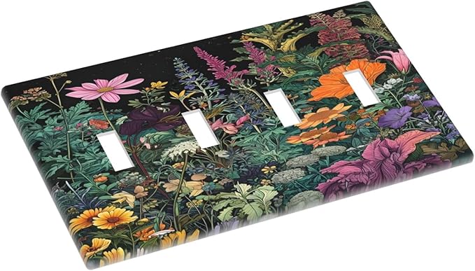 Decorative Switch Plate Covers Colorful Floral Dark Sky Wildflower Plants 4 Gang Light Switch Cover Plate Quad Toggle Wall Plate Light Switch Covers for Bathroom Decor