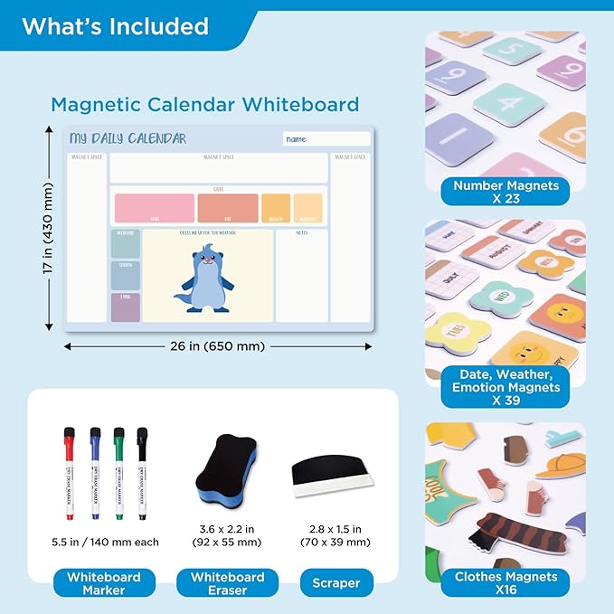 COMIX Whiteboard Calendar Dry Erase, Adhesive White Board Calendar for Kids 26" x 17" with Funny Magnetic Deco, Educational Calendar Set for Kids Student Home Classroom