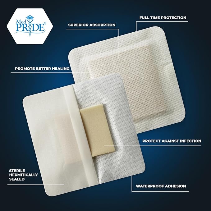MED PRIDE Sterile Waterproof Silicone Foam Dressing with Adhesive Border, Absorbent Bandage, Protects Against Infection (4x4 Inch (Pack of 10))
