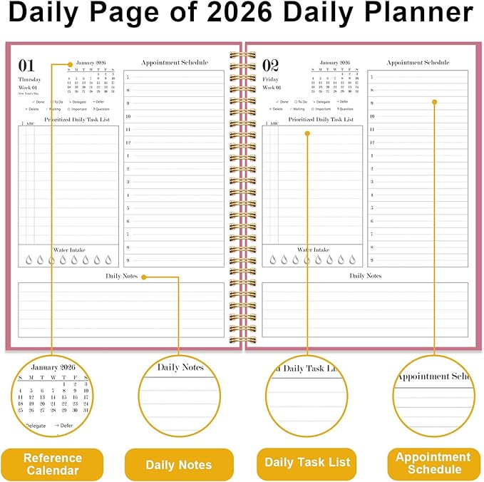 Daily Planner 2026 - Full Page Per Day, Jan 2026 to Dec 2026, 2026 Daily Planner with Spiral Bound, Inner Pocket, Perfect for School Office Supplies, 7'' x 10'', Pink