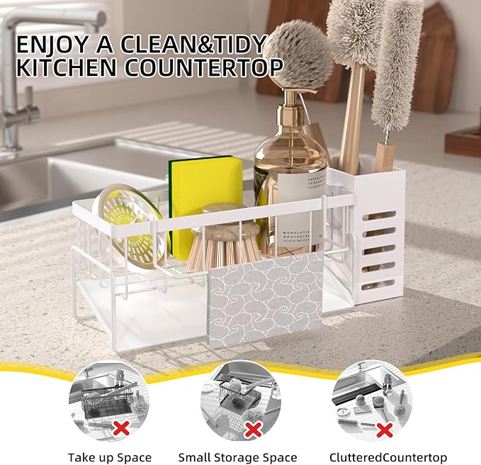 NET MEYA Kitchen Sink Caddy Organizer,Stainless Steel Sponge Holder with Dish Brush Holder,Soap Caddy for Countertop,Kitchen Sink Organizer Countertop Sink Accessories,Cleaning Caddy