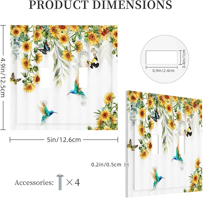 Yellow Sunflower Blue Hummingbird Butterfly Double Toggle Light Switch Cover Plate Decorative Rustic Farmhouse Floral Botanical 2-Gang Wall Plate Dual Device Electrical Switchplate for Bedroom