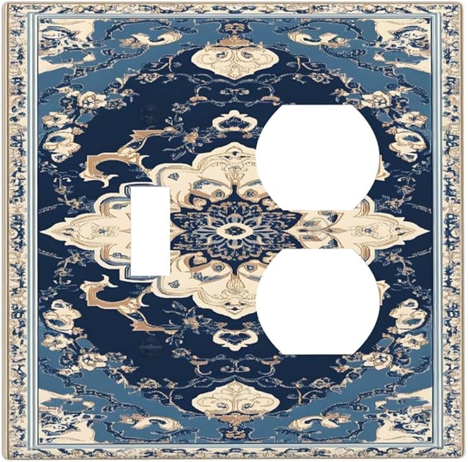 Decorative Outlet Covers Boho Beige Navy Blue Medallion 2 Gang Duplex Light Switch Cover Plate Gfci Wall Plate Plug Switch Plate Covers for Country Bathroom Bedroom Decor