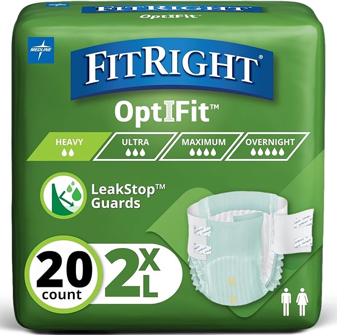 FitRight Extra+ Adult Diapers, Disposable Incontinence Briefs, Leak-Proof Diaper, Absorbent Briefs for Men and Women, Maximum Protection, 2XL, 60 – 70 in, 20 Briefs per Bag