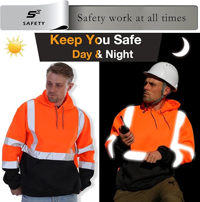 sesafety Class 3 High Visibility Sweatshirt for Men,Hooded Pullover,Hi-Vis Safety Hoodie Pullover Sweatshirt,Reflective Safety with Black Bottom,Orange,2XL