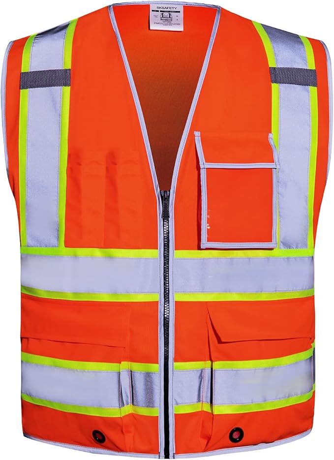 SKSAFETY 10 Pockets Safety Vest, Class 2 High Visibility Security with Zipper, Hi Vis Vest with Reflective Strips, ANSI/ISEA Standard, Construction Work Vest for Men ＆ Women （Orange, XL）