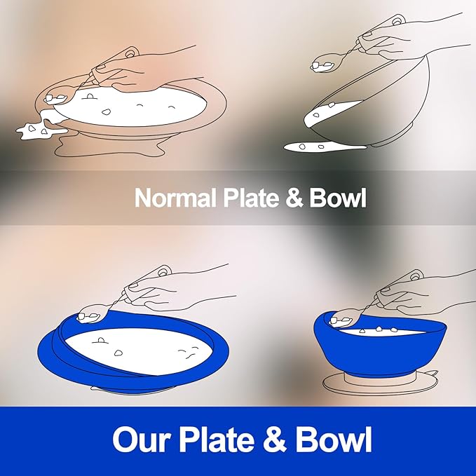 Hushee Adaptive Spill Proof Scoop Bowl and Plate Set with Suction Base Non Skid Self Feed Dinnerware for Elderly Disabled Handicapped from Parkinsons, Dementia, Stroke, Tremor(2 Sets,Blue)