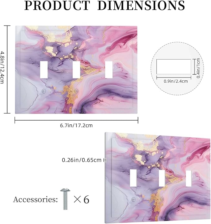 Decorative Switch Plates Pink Marble Abstract Purple Gold Texture 3 Gang Wall Plate Triple Toggle Light Switch Cover Faceplate Electrical Wall Panels for Bathroom living Room Decor
