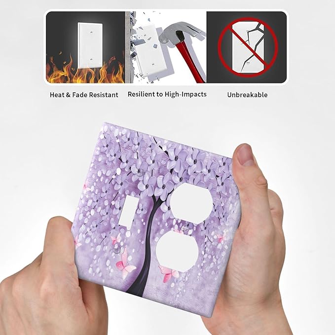 Decorative Light Switch Cover Plate 3d Purple Tree 2 Gang Outlet Covers 1 Toggle 1 Duplex Wall Plate Decorate Electrical Switch Plate Covers for Bedroom Bathroom Decor