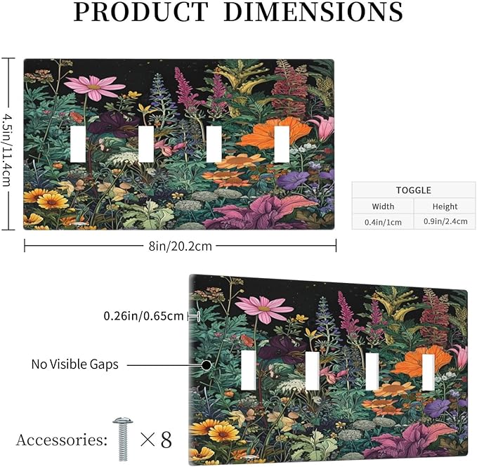Decorative Switch Plate Covers Colorful Floral Dark Sky Wildflower Plants 4 Gang Light Switch Cover Plate Quad Toggle Wall Plate Light Switch Covers for Bathroom Decor