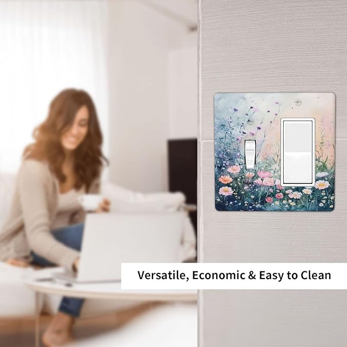 Decorative Outlet Covers Pink Floral Wildflower Green Plants 2-Gang Combo Light Switch Cover Plate Single Toggle/Rocker Wall Plate Plug Switch Plate Covers for Bathroom Decor