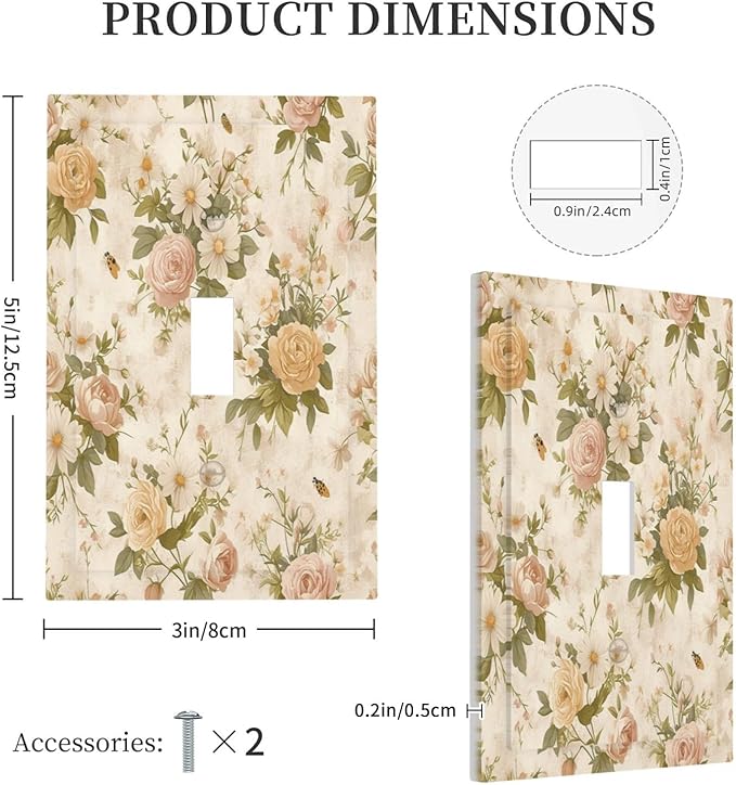 Decorative Light Switch Cover Boho Vintage Roses Pink Red Yellow Bouquet Floral 1 Gang Single Toggle Device Electrical Faceplate Switchplates Decorator Outlet Wall Plate for Bedroom