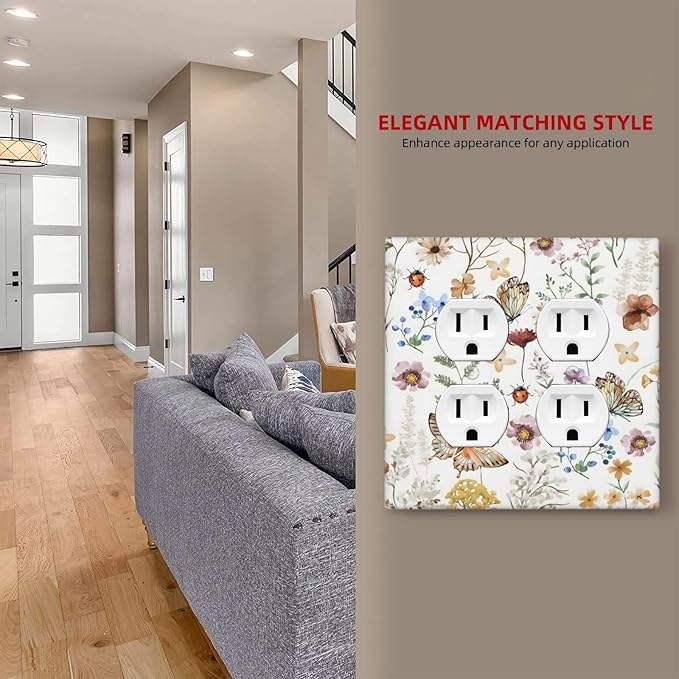 Boho Multicolor Flower Butterfly Insect Floral Outlet Covers 2 Gang Double Duplex Decorative Light Switch Covers Electrical Wallplates Socket Faceplate for Bedroom Living Room Decor