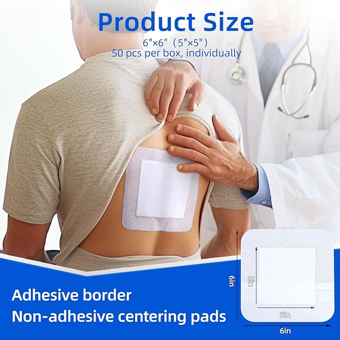 50Pcs Adhesive Gauze Island Dressing 6"x6", Water-Resistant Wound Dressing, Sterile & Absorbent Medical Grade Dressing Pad First Aid Dressing Pads
