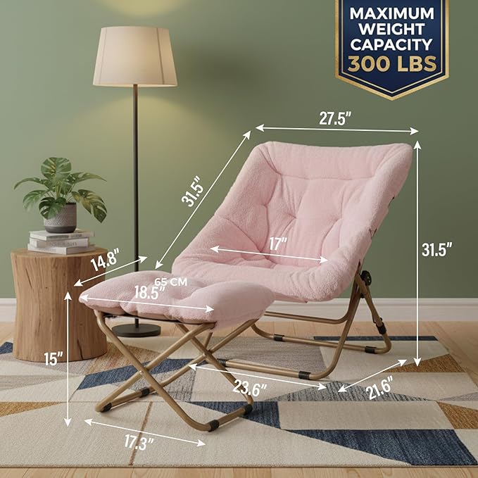 Tiita Folded Chair with Straight Ottoman, Soft Faux Fur Oversized Folding Accent Chair,Lounge Lazy Chair, Metal Frame Moon Chair for Bedroom, Living Room, Dorm Rooms, Garden and Courtyard, Pink