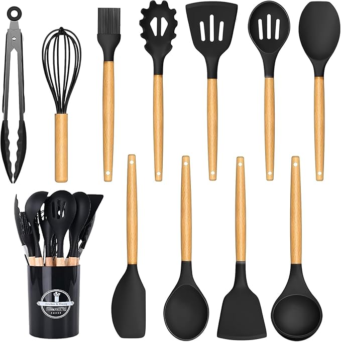 12-Piece Silicone Kitchen Utensil Set with Wooden Handles – Heat Resistant Cooking Tools – Spatula, Spoon, Tongs, Whisk & Holder – Nonstick Cookware Safe – White, Gray, Black (Black)