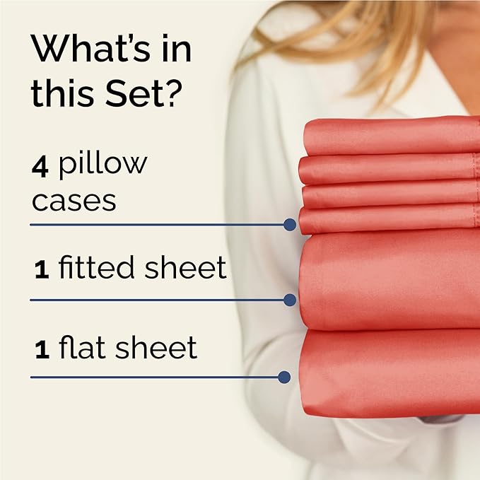 Full 6 Piece Sheet Set - Cooling & Breathable Bed Sheets - Hotel Luxury Bed Sheets for Women, Men, Kids & Teens - Comfy Bedding with Deep Pockets & Easy Fit - Soft and Wrinkle Free - Full Coral Sheets
