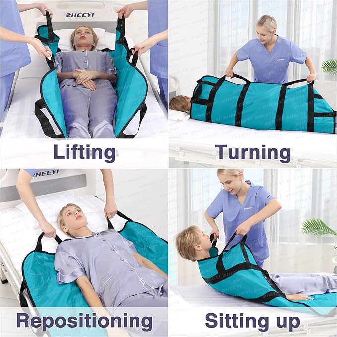 Multipurpose 48" x 40" Positioning Bed Pad with Reinforced Handles - Reusable & Washable Patient Sheet for Turning, Lifting & Repositioning - Double-Sided Nylon Fabric, Peacock Blue