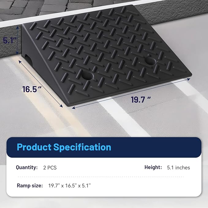 Rubber Curb Ramp, 5" Rise Height 2 Pack, Heavy-Duty 4 T Capacity Threshold Ramps, 19.7" L x 16.5" W Driveway Ramps for Cars, Wheelchairs, Bikes, Motorcycles