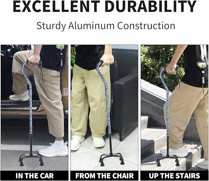 Walking Cane for Women & Men, Adjustable Quad Cane with 4-Prong Base for Stability and Balance, Folding Aluminum Walking Stick for Seniors