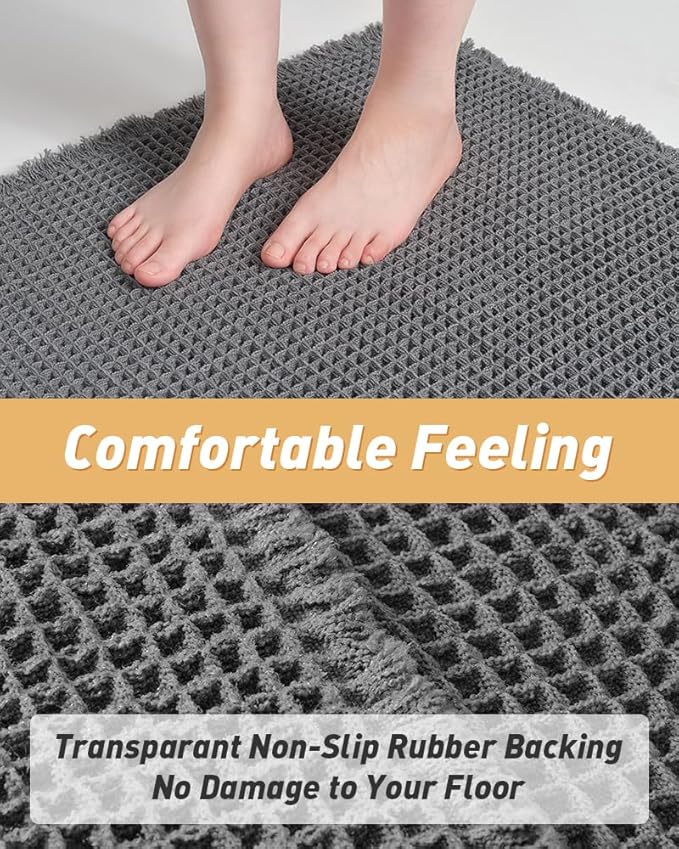 AMOAMI Upgraded Waffle Runner Rug Super Absorbent Non Slip Bath Mats for Bathroom Floor Machine Washable Bathroom Runner Rug with Tassels, Ideal for Hallway Bedroom Laundry Room, Dark Grey, 17" x 60"