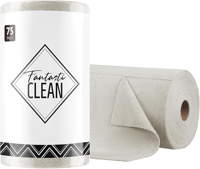 Fantasticlean Microfiber Cleaning Cloth Roll -75 Pack, Tear Away Microfiber Towels, 12" x 12", Reusable, Washable, Scratch Free, Ultra Absorbent Dishcloth for All-Around Cleaning Supplies (Cool Grey)