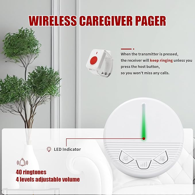 Caregiver Call Button Life Alert Nurse Call System Alert Button for Seniors Elderly Monitoring at Home 1 Plugin Receiver 1 Watch Button