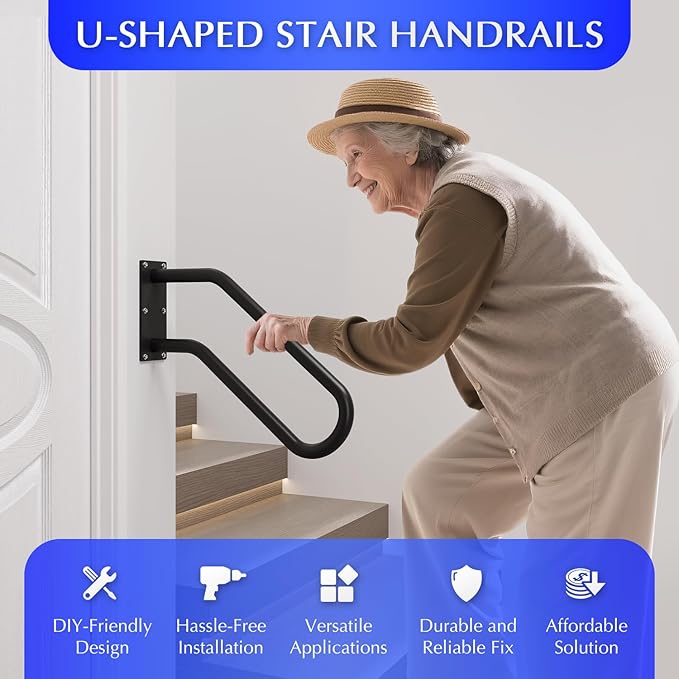 Hand Rails for Outdoor 1-2 Steps, Indoor Stairs, Bathroom, Wall Mount Non-Slip U-Shape Stair Hand Railing Black 2 Packs