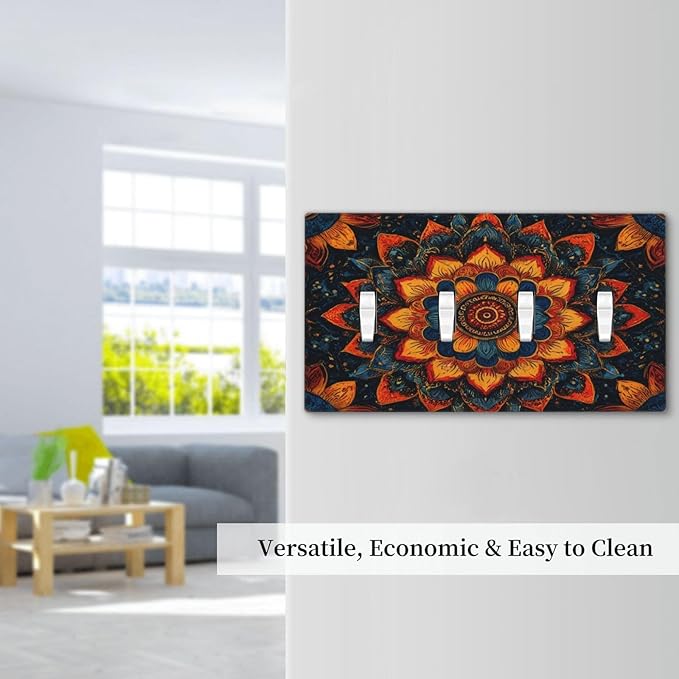 Colorful Oriental Floral Blooming Mandala Flower 4 Gang Light Switch Covers Decorative Quad Toggle Wall Plate Cover 4 Hole Electrical Device Switchplate Dimmer Faceplate for Bathroom Decor
