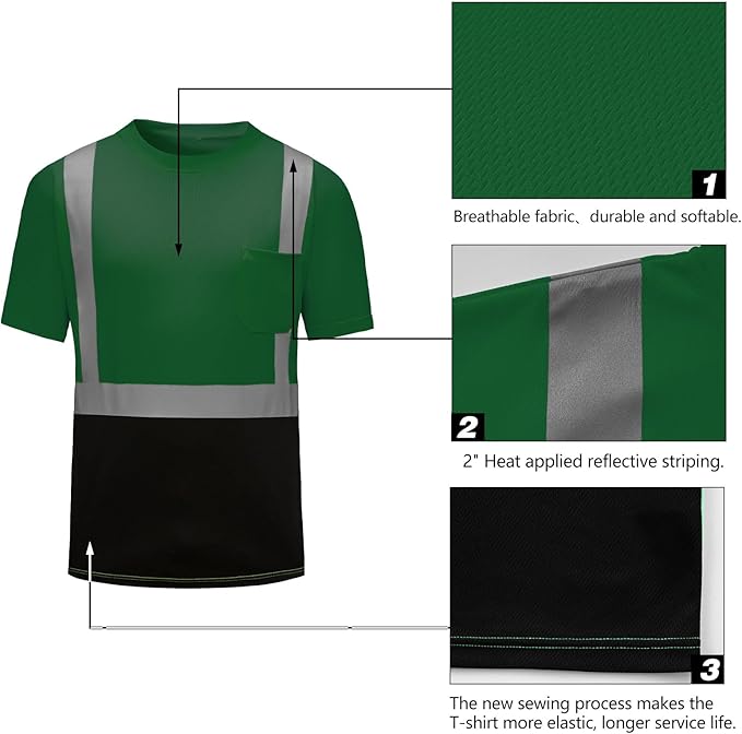 High Visibility Shirts Quick Dry Safety T Shirts with Reflective Strips and Pocket Short Sleeve Mesh Hi Vis Construction Work Class 2 Shirt for Men/Women Black Bottom Green,6XL