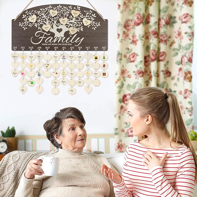 CHDITB Personalized Family Tree Birthday Reminder Board(16"x8"), Wooden Family Birthday Tracker Wall Hanging with 100 Tags, DIY Birthday Gifts for Mother Grandma Friends Family