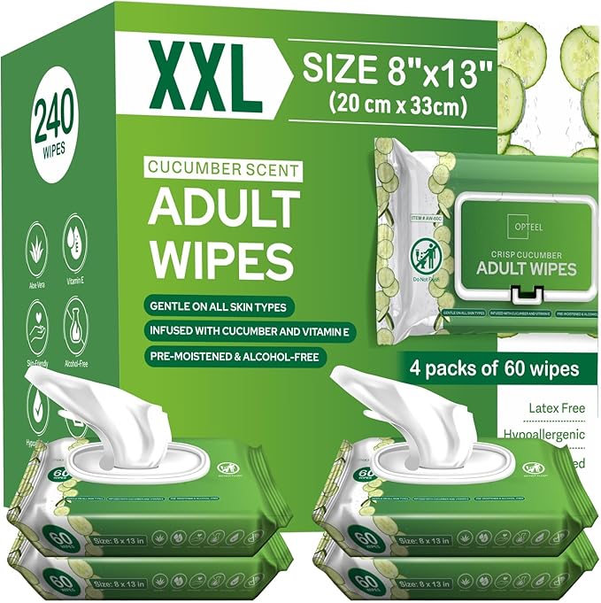 Adult Wipes Extra Large Scented - Skin-Friendly Incontinence Wet Wipes for Adults & Elderly Disposable Washcloths - 8x13" 4 Packs of 60 (240 Wipes)