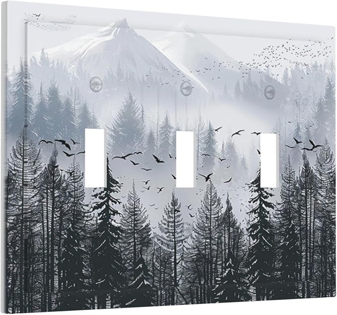 Misty Forest Nature Tree Mountain Birds Decorative Switch Plates 3 Gang Wall Plate Triple Toggle Light Switch Cover Faceplate Electrical Wall Panels for Bed Room Living Room Decor