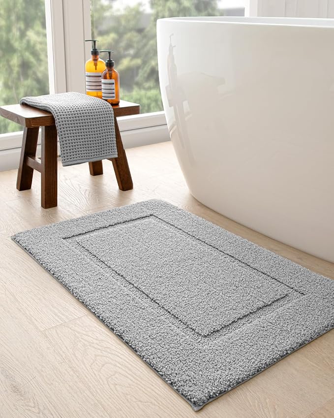DEXI Bathroom Rugs 24x16, Washable Non Slip Bath Mat for Shower Floor, Absorbent Quick Dry Bathmat with Rubber Backing, Ultra Soft Plush Carpet for Tub, Light Grey