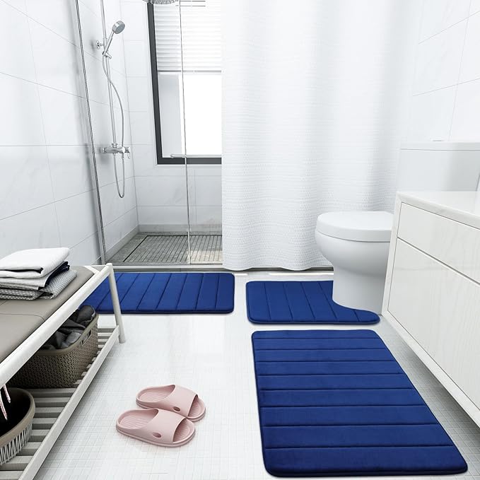 Buganda Memory Foam Bath Mat, 44" x 24", Ultra Soft and Non-Slip Bathroom Rugs, Water Absorbent and Machine Washable Bath Rug Runner for Bathroom, Shower, and Tub, Navy Blue