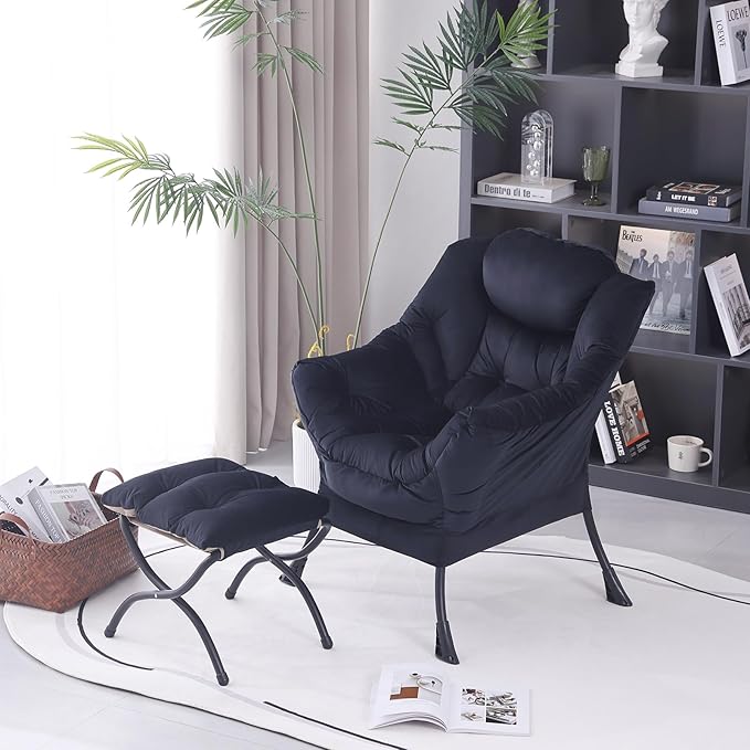Lazy Chair with Folding Ottoman, Modern Accent Lounge Armchair with Armrests, a Side Pocket & Foldable Footstool, Leisure Reading Chair for Living Room, Bedroom, Dorm & Office, Velvet Black