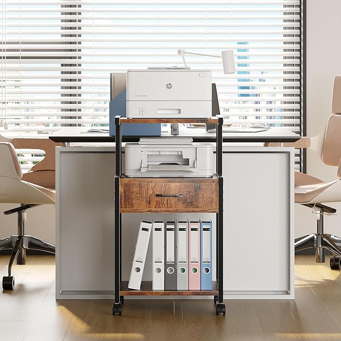 Printer Stand, 3-Tier Mobile Printer Cart, 31.5 x 14.96 x 17.72 Inches Square Printer Table with Storage Rack, Rolling Printer Table with Industrial Wheels for Home Office, Brown